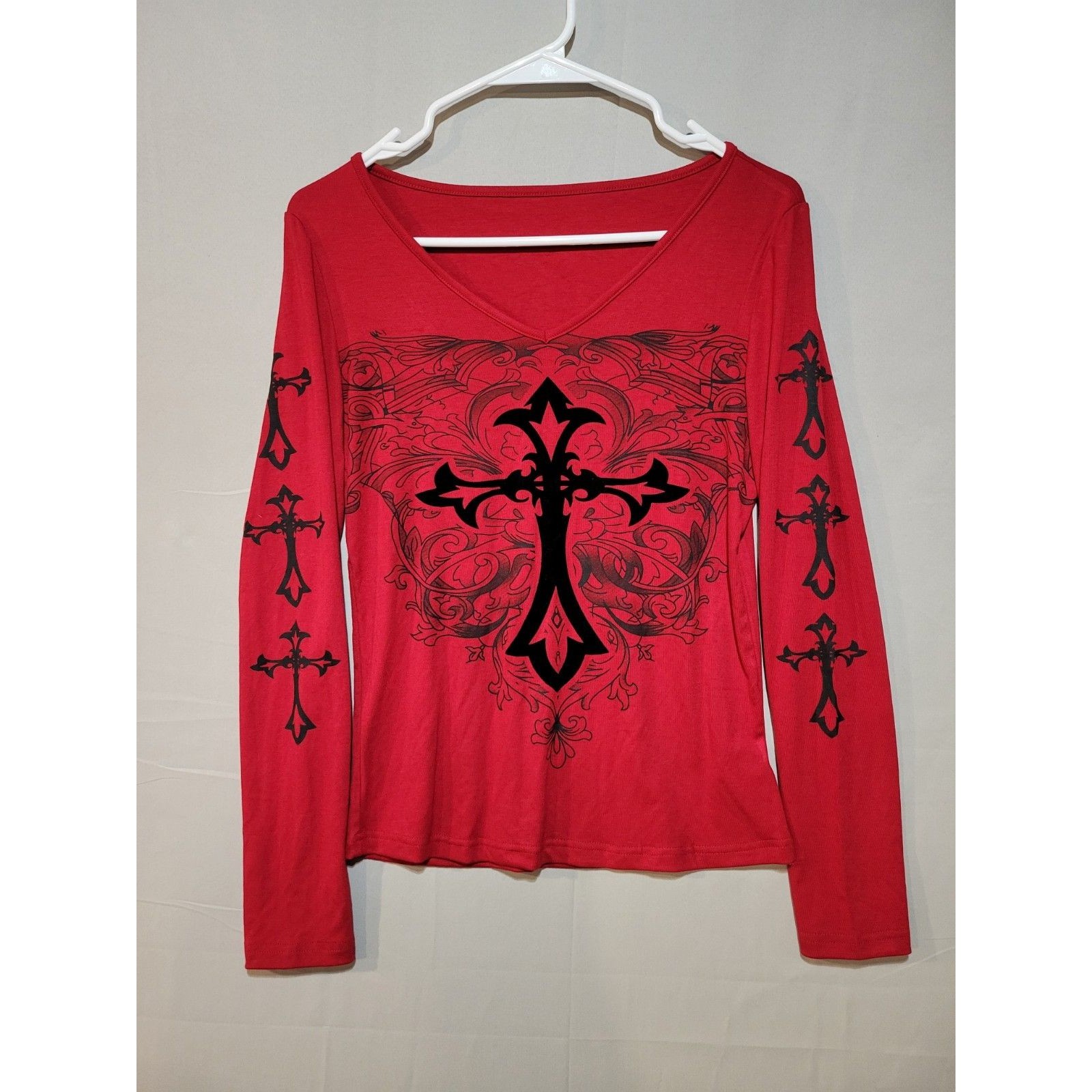 Y2k Grunge Style Long Sleeve T Shirt Womens Small Red Cross Scroll Ds Shein